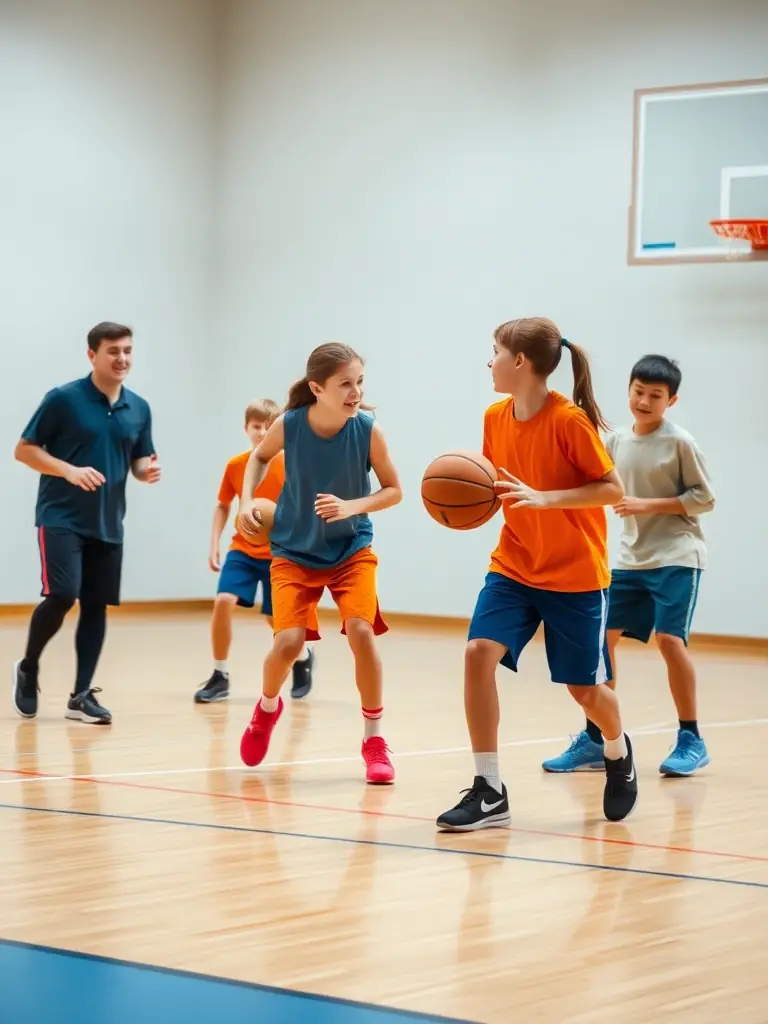 Teenagers, aged 13-15, engaged in a fast-paced basketball scrimmage, demonstrating teamwork and strategic play under the supervision of a coach at VDB.