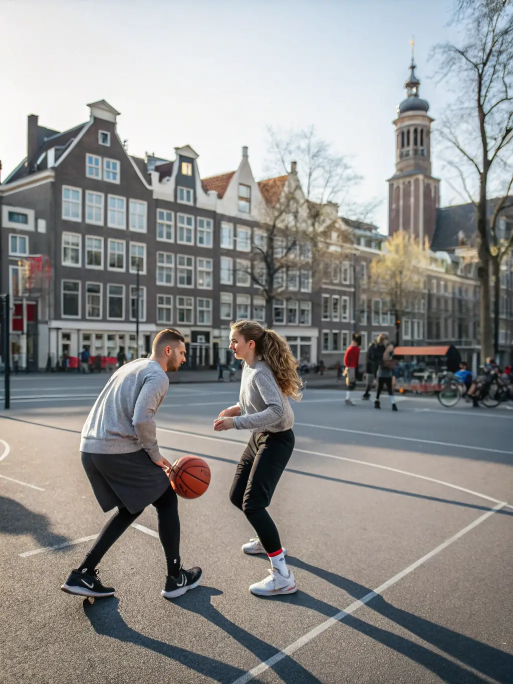 Adults, aged 18+, participating in a recreational basketball game, showcasing fitness and community engagement in a friendly match at VDB.