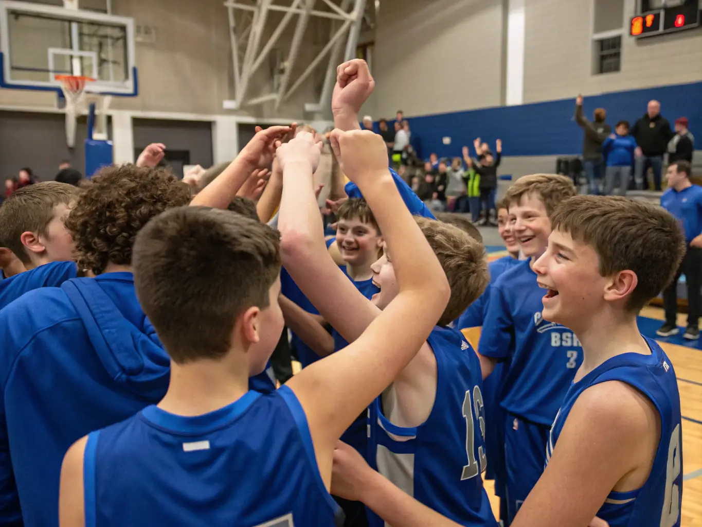 A vibrant image of a basketball team celebrating a victory, highlighting the camaraderie, teamwork, and sense of accomplishment fostered by the program.