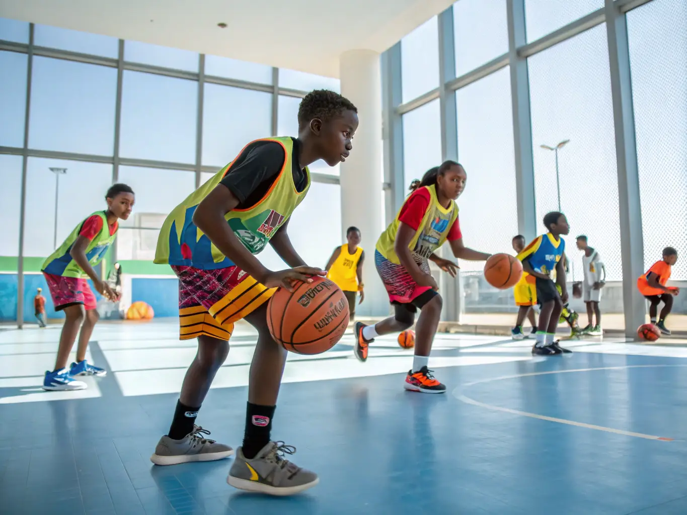 A dynamic image of young basketball players actively participating in a training session, dribbling, passing, and shooting, showcasing the energy and focus of the program.