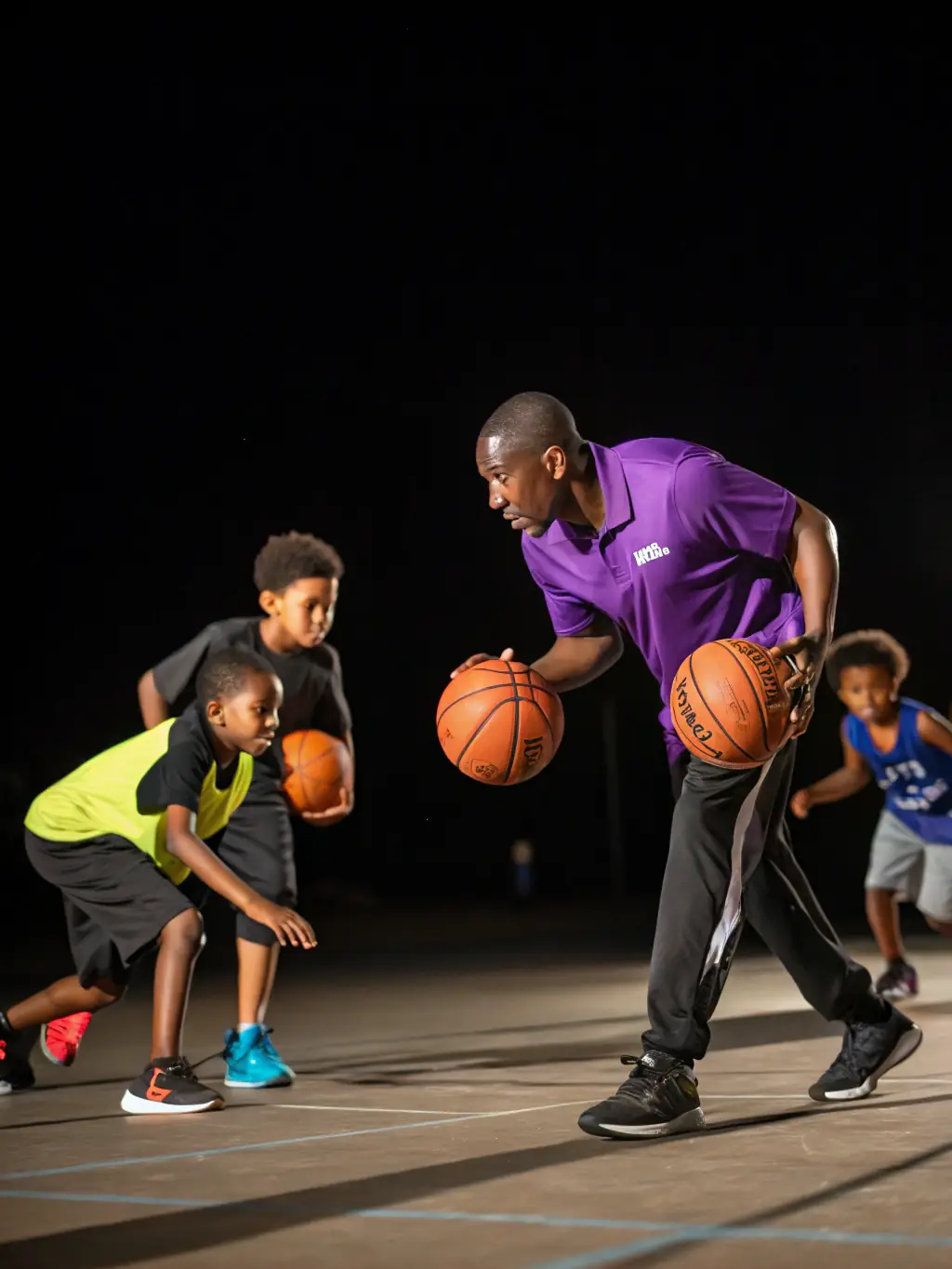 A group of young children, aged 6-8, participating in a basketball dribbling drill, with a coach providing guidance in a brightly lit indoor court at VDB.
