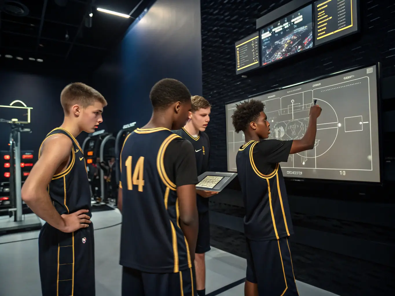 A vibrant image showing young basketball players actively participating in a training session at VDB, focusing on teamwork and skill-building.