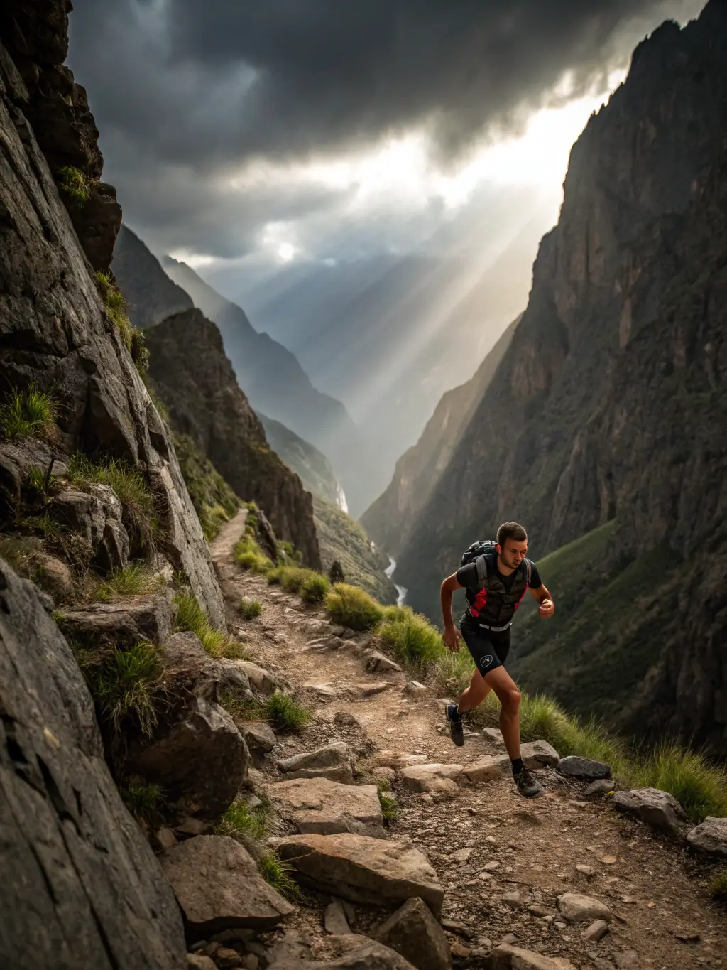 A group of runners training on a mountain trail, focusing on uphill running techniques, with the CTN logo subtly visible on their apparel.