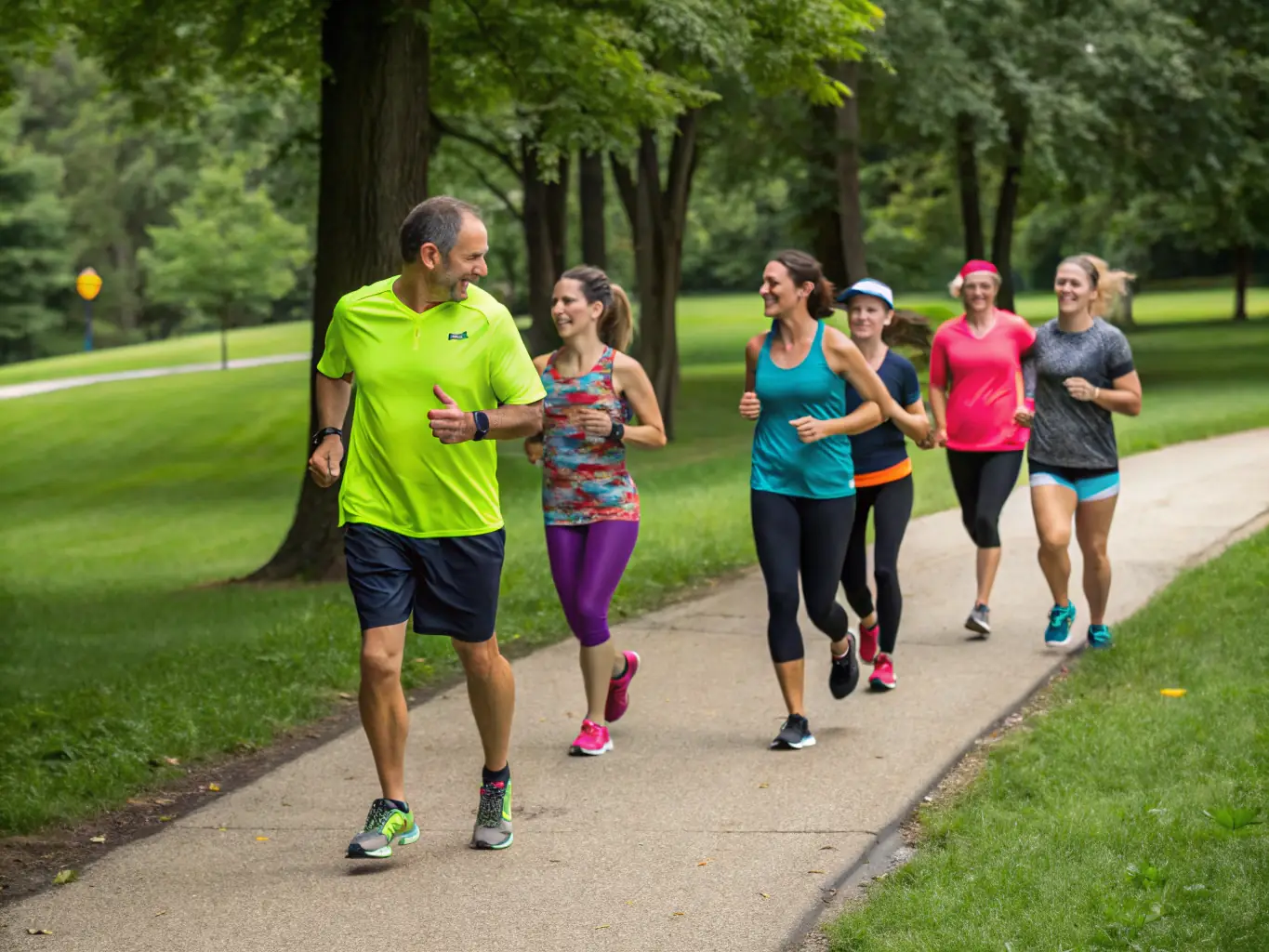 A group of runners training together on a scenic trail surrounded by nature, with coaches providing guidance. The runners are diverse in age and skill level, showcasing the inclusive nature of CTN's training programs.